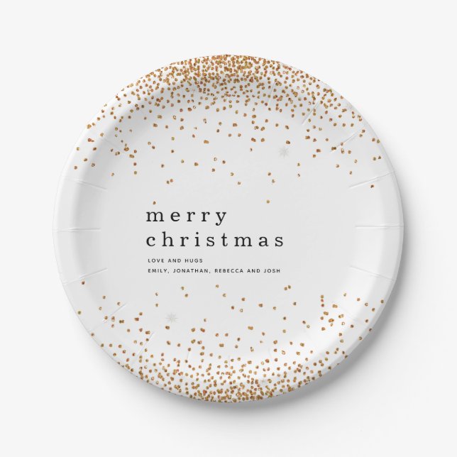 Gold Confetti Glitter Name Merry Christmas Paper Plate (Front)
