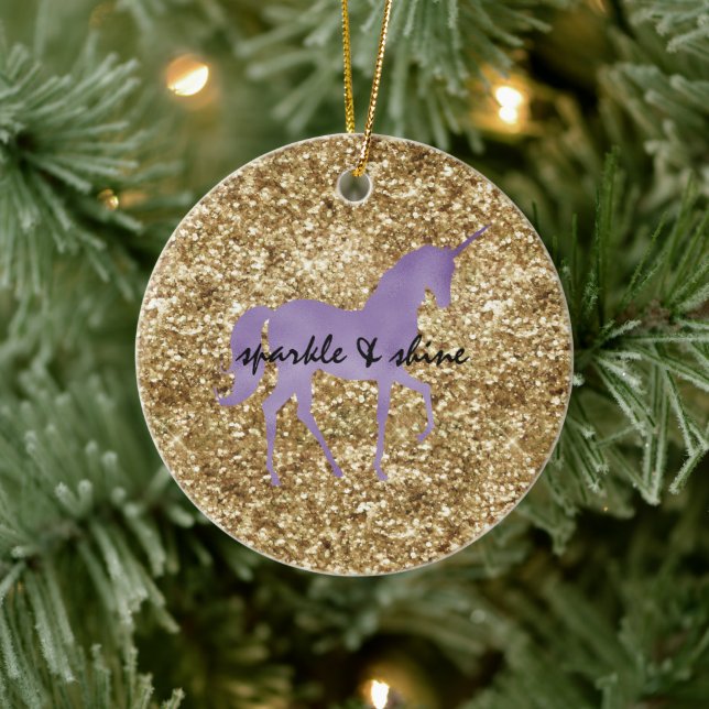 Gold Confetti Glitter Purple Unicorn Ceramic Ornament (Tree)