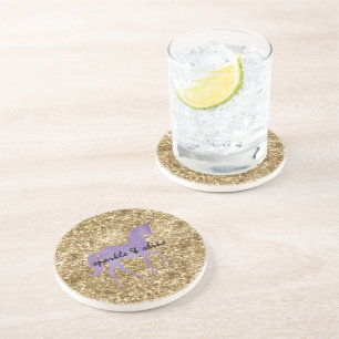 Gold Confetti Glitter Purple Unicorn Coaster