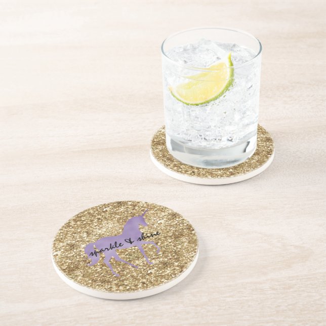 Gold Confetti Glitter Purple Unicorn Coaster (Side)