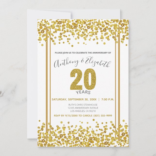 Gold Confetti Glitter-Style 20th Anniversary Party Invitation (Front)