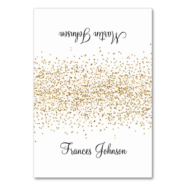 Gold Confetti Glitter White Two Name Place Cards (Front)
