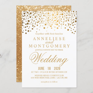 Gold Confetti & Glitter & White Wedding Invitation