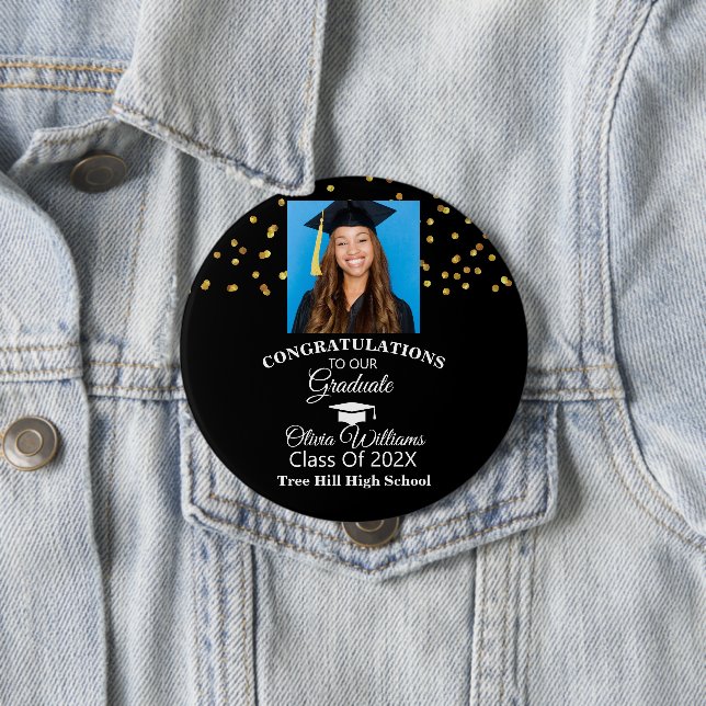 Gold Confetti Graduate Photo Graduation Party 4 Inch Round Button (In Situ)