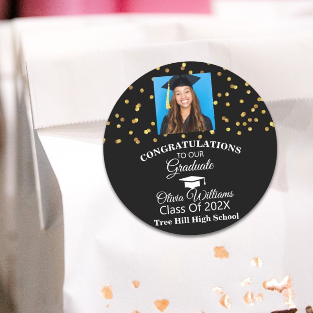 Gold Confetti Graduate Photo Graduation Party Classic Round Sticker (Gold Confetti Graduate Photo Graduation Party Classic Round Sticker)