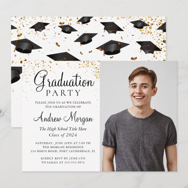 Gold confetti Graduation Caps Graduate Photo Invitation (Front/Back)