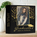 Gold Confetti Graduation Graduate Photo Album 3 Ri Binder<br><div class="desc">Gold Confetti Golden Black Graduation Graduate Photo Album. Trendy golden script with golden confetti an golden graduation cap on black background. Add your favourite photo and personalize it with your grad’s name,  class year and name of the school. Personalize the special message on the backside or erase it.</div>
