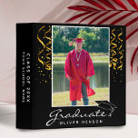 Gold Confetti Graduation Graduate Photo Album Binder<br><div class="desc">Gold Confetti Graduation Graduate Photo Album. Trendy white script on black background with golden confetti. Add your favourite photo and personalize it with your grad’s name,  class year and name of the school. Personalize the special message on the backside or erase it.</div>