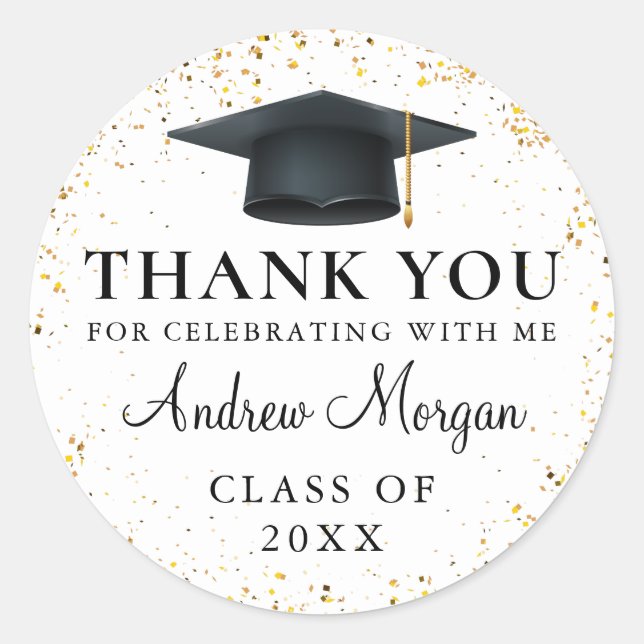 Gold confetti Graduation Thank You Classic Round Sticker (Front)