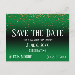Gold Confetti Green Graduation Save the Date Postcard