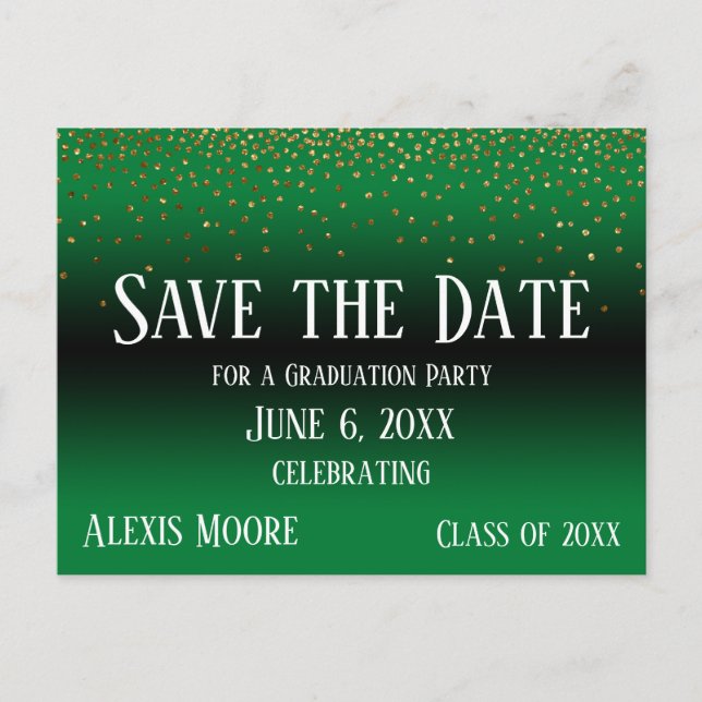 Gold Confetti Green Graduation Save the Date Postcard (Front)