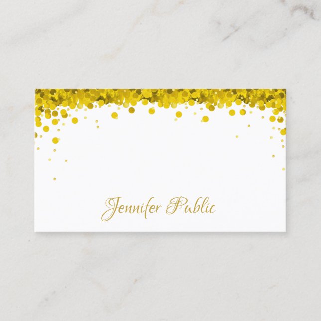 Gold Confetti Hand Script Text Stylish Template Business Card (Front)