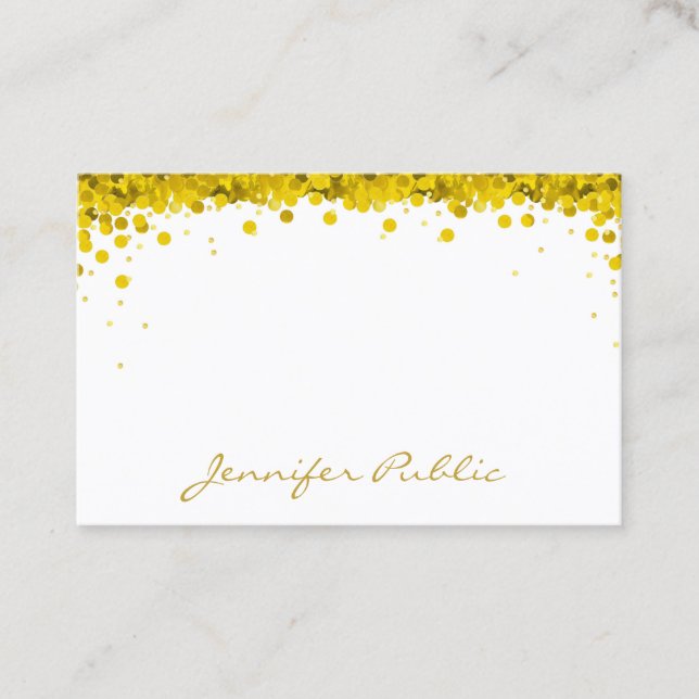 Gold Confetti Hand Script Text Template Modern Business Card (Front)