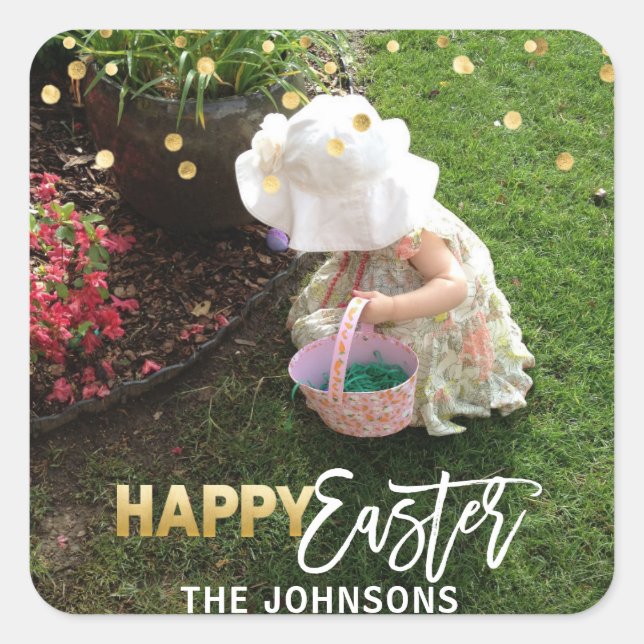 Gold Confetti HAPPY EASTER | Add PHOTO Square Sticker (Front)
