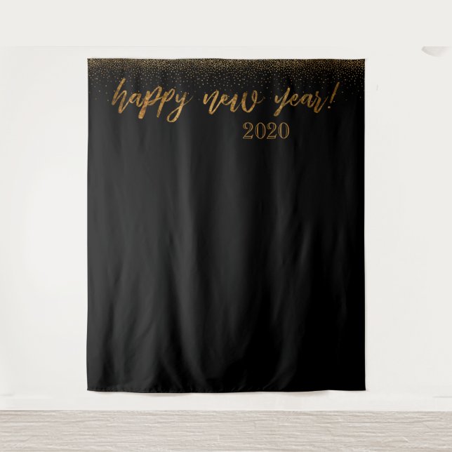 Gold Confetti Happy New Year! 2020 Black Backdrop Tapestry (Front)