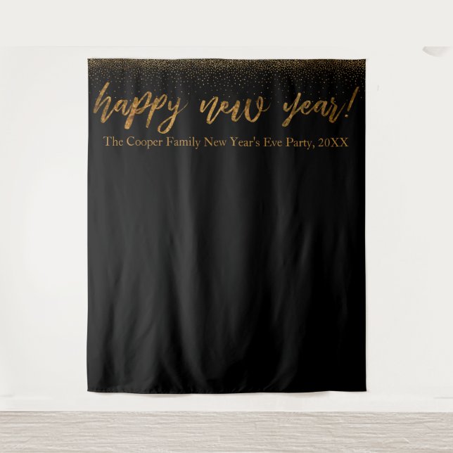 Gold Confetti Happy New Year! Black Backdrop Tapestry (Front)