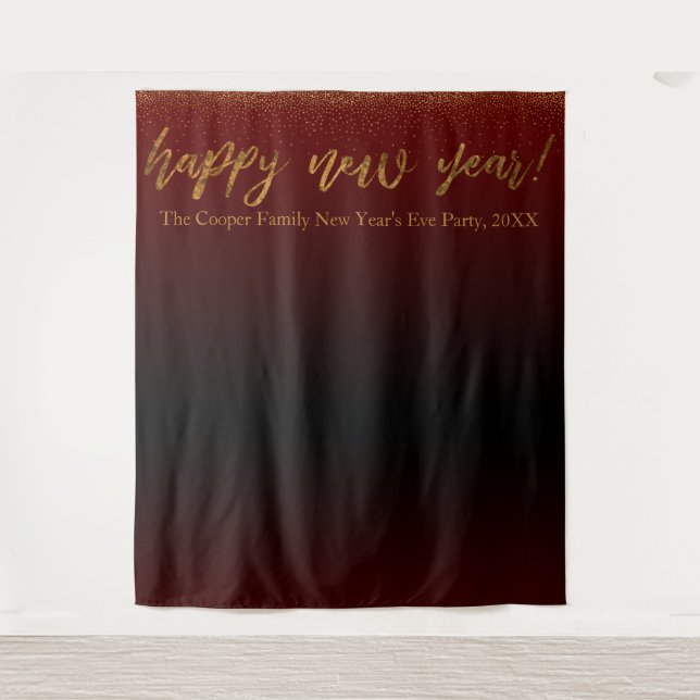 Gold Confetti Happy New Year! Black & Red Backdrop Tapestry (Front)