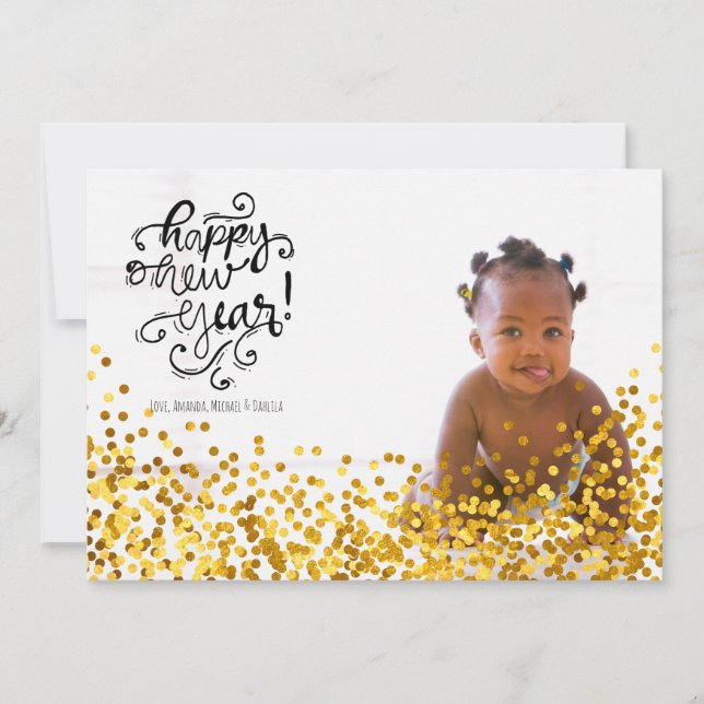 Gold Confetti Happy New Year Photo Card (Front)