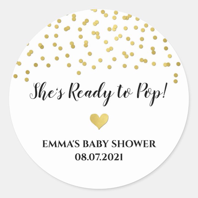 Gold Confetti Heart She's Ready to Pop Classic Round Sticker (Front)