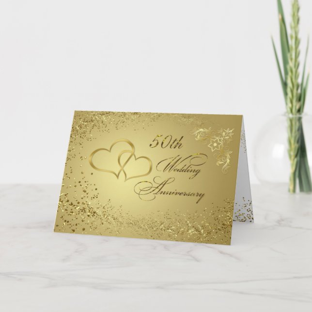 Gold confetti, hearts 50th Wedding Anniversary Card (Front)
