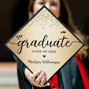 Gold Confetti Jewels Modern Elegant Script Hearts Graduation Cap Topper