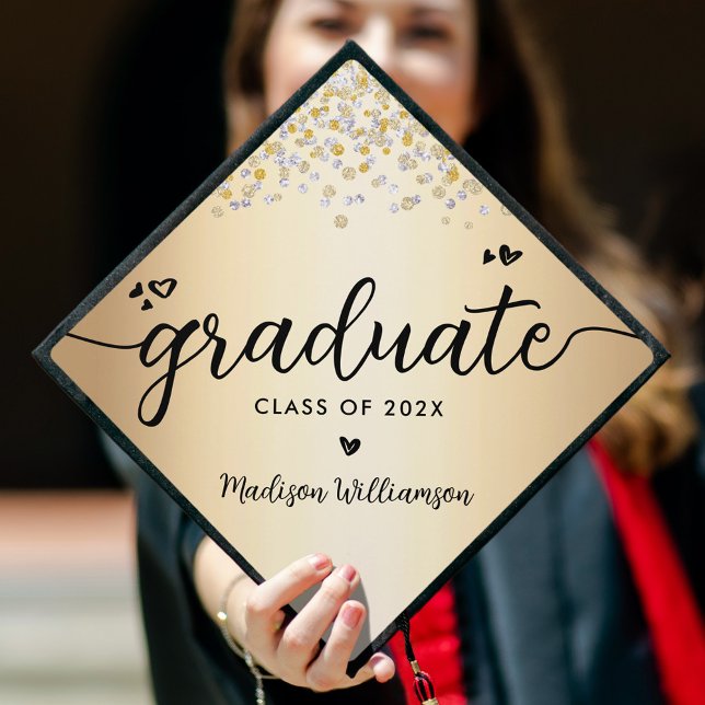 Gold Confetti Jewels Modern Elegant Script Hearts Graduation Cap Topper (Creator Uploaded)
