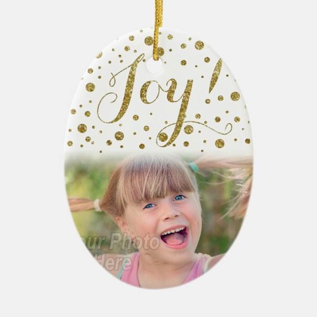 Gold Confetti Joy Sparkle Holiday Ceramic Ornament (Front)