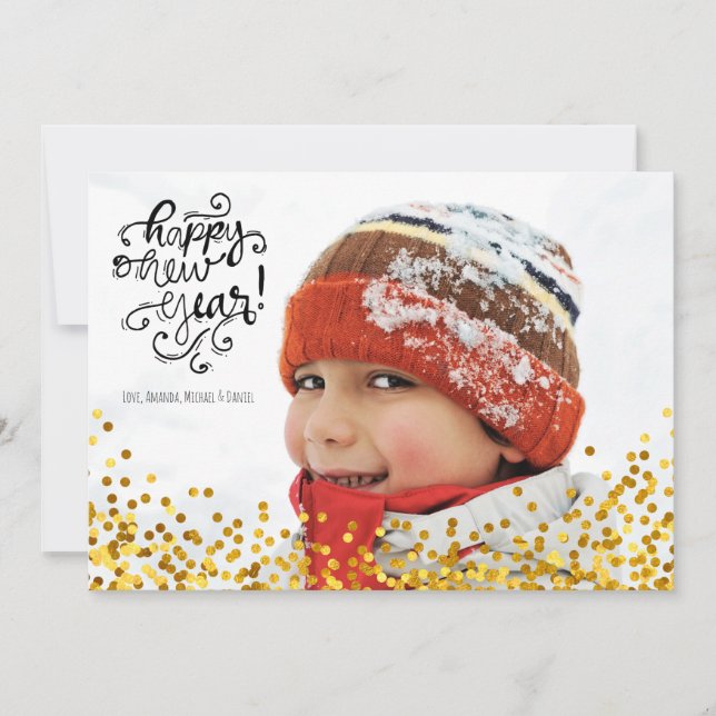 Gold Confetti Joyeux Carte photo du Nouvel An (Devant)