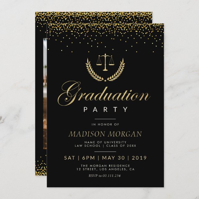 gold confetti Law school grad party invitation (Front/Back)