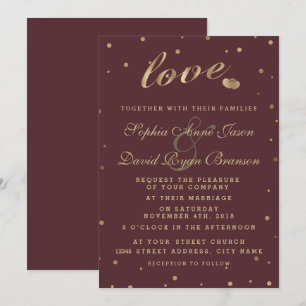 Gold Confetti Love Burgundy Wedding Invite