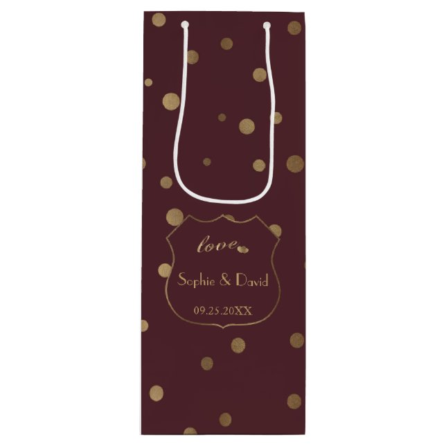 Gold Confetti Love Burgundy Wedding Wine Gift Bag (Front)