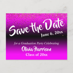 Gold Confetti Magenta Graduation Save the Date Postcard