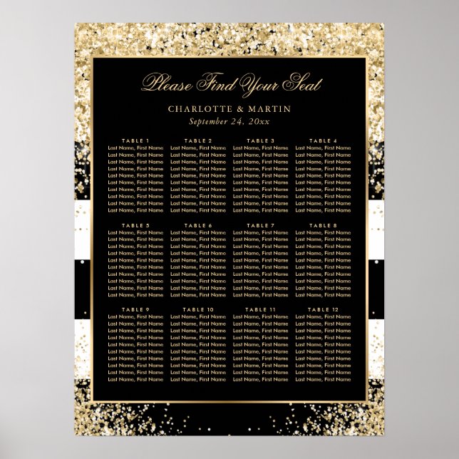 Gold Confetti Mariage noir blanc Tableau de siège  (Devant)
