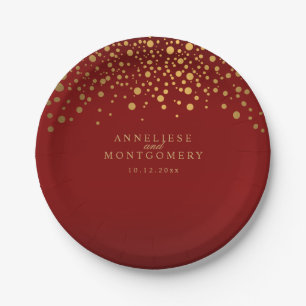 Gold Confetti Maroon Red Paper Plate