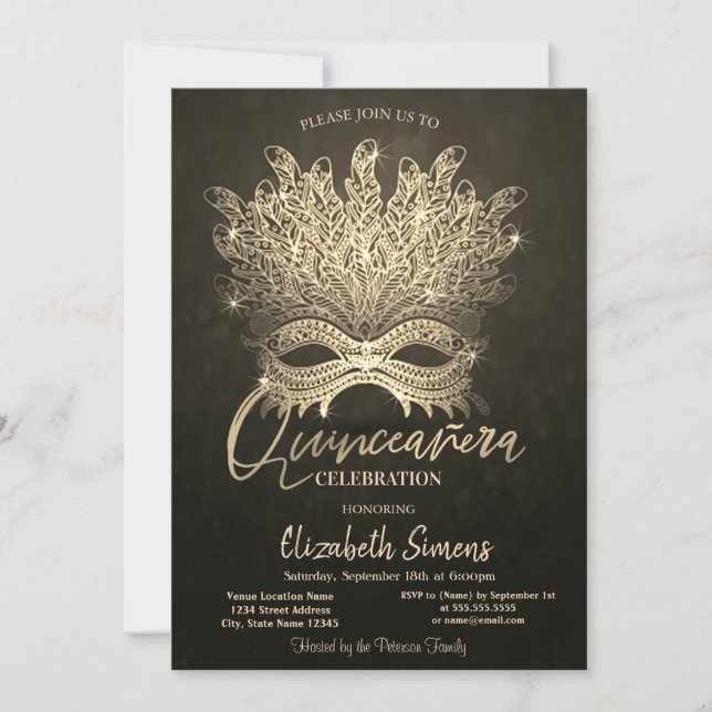 Gold Confetti Masque Gold Quinceañera   Invitation (Front)