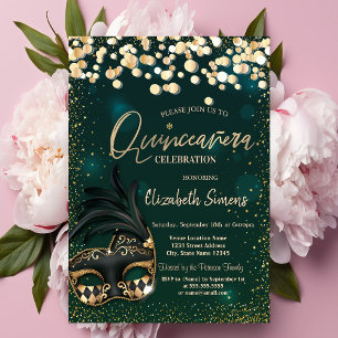 Gold Confetti Masque Green Quinceañera  Invitation