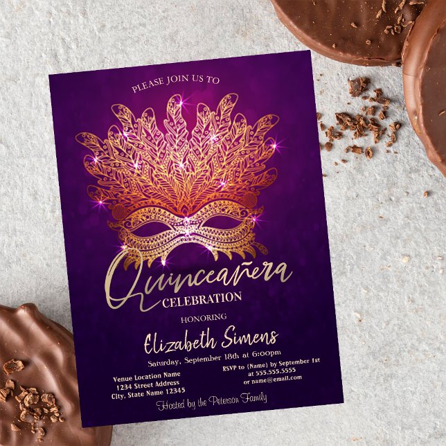 Gold Confetti Masque Purple Quinceañera  Invitation (Creator Uploaded)