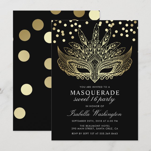 Gold Confetti Masquerade Sweet 16 Party Invitation (Devant / Derrière)
