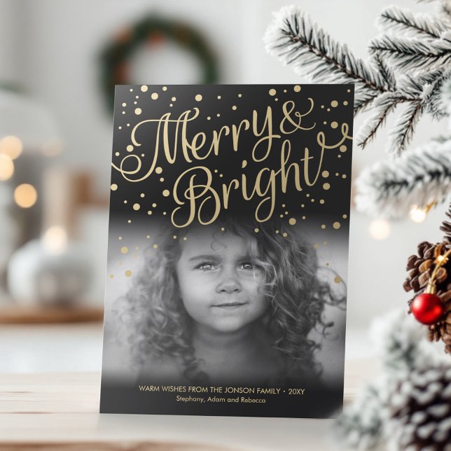 Gold Confetti Merry Bright Custom Photo Card (Creator Uploaded)