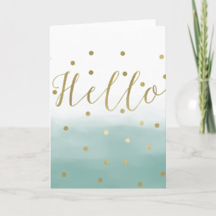 Gold Confetti Mint Watercolor Hello Card