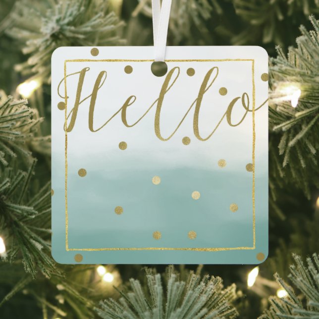 Gold Confetti Mint Watercolor Hello Metal Ornament (Insitu)
