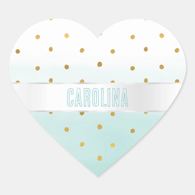 Gold Confetti Mint Watercolor Name Heart Sticker (Front)