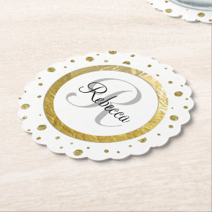 Gold Confetti Monogram Paper Coaster