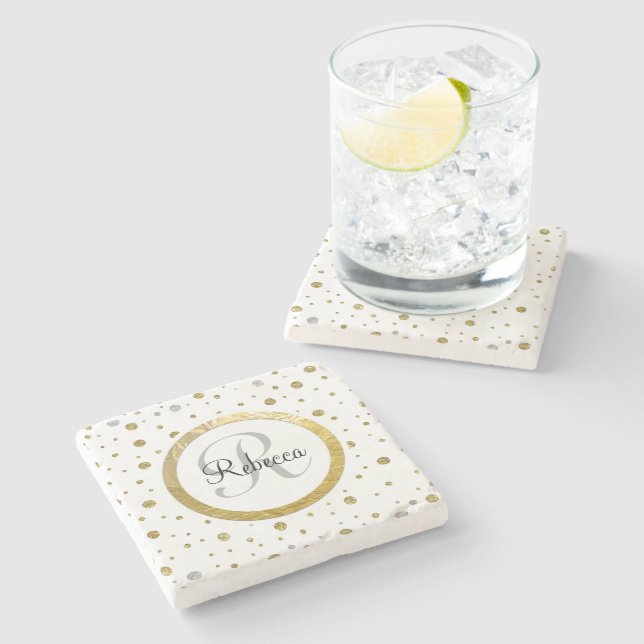 Gold Confetti Monogram Stone Coaster (Side)