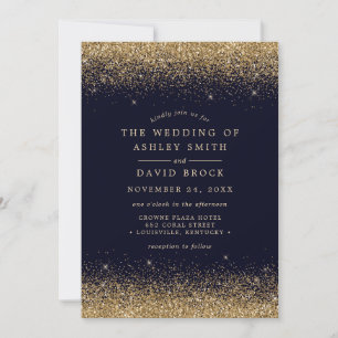 Gold Confetti Navy Blue Modern Wedding Invitation