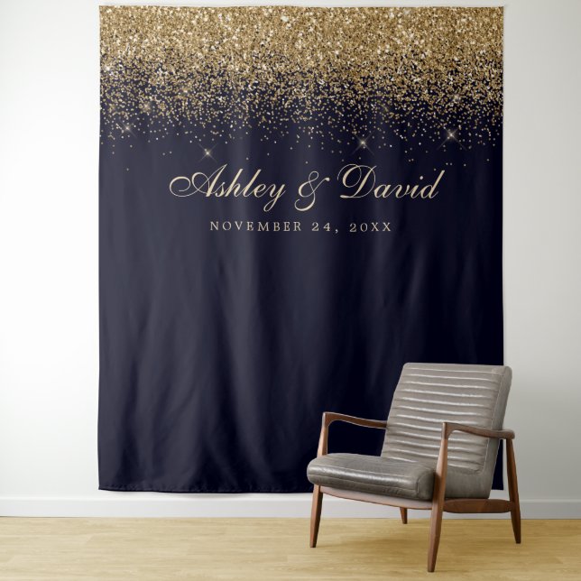 Gold Confetti Navy Blue Photo Booth Backdrop Tapestry (In Situ)