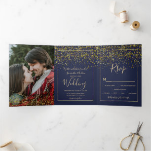 gold confetti  navy blue typography photo wedding Tri-Fold invitation