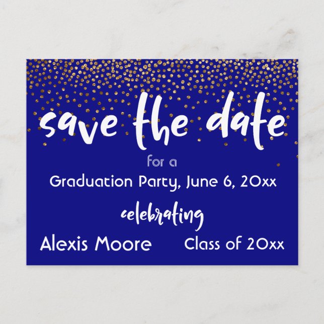 Gold Confetti Navy Graduation Party Save the Date Announcement Postcard (Front)