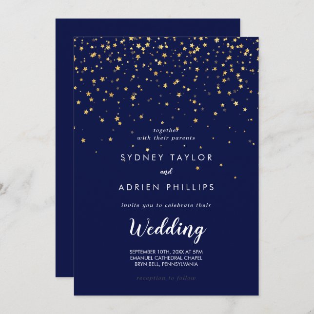 Gold Confetti | Navy Informal Wedding Invitation (Front/Back)