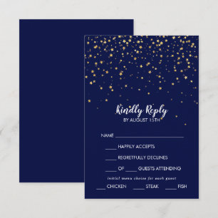 Gold Confetti Navy Menu Choice Wedding RSVP Card